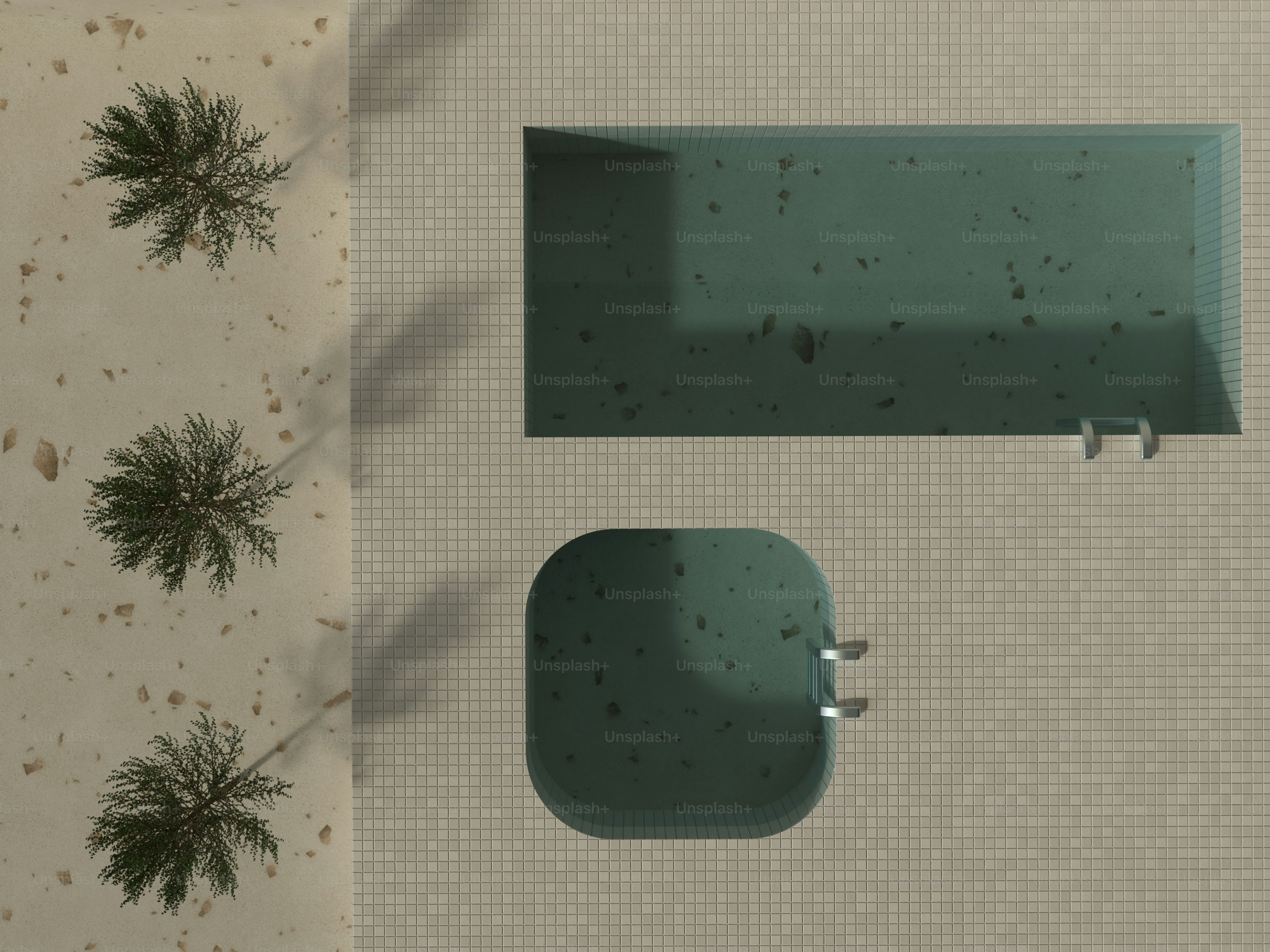 an overhead view of a swimming pool and a tree